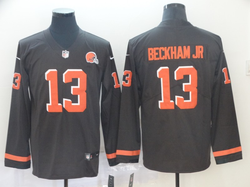 Men's Cleveland Browns #13 Odell Beckham Jr. Brown Therma Long Sleeve Stitched NFL Jersey